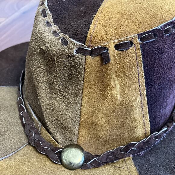 Vintage Suede Leather Patchwork Hat Hippie Western Boho 1970s Cowgirl Floppy main image 15